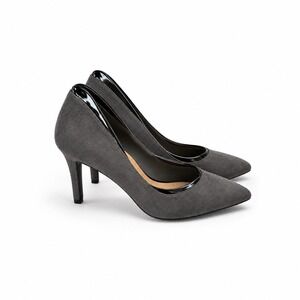 Impo Trillie Gray Faux Suede Pointed Toe 3 inch Heel Black Patent Trim Size 6.5